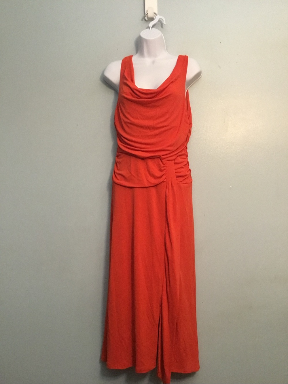 Sutton Studio Coral Red Sleeveless Cowl Neck Maxi Dress Ruched Waist Size M